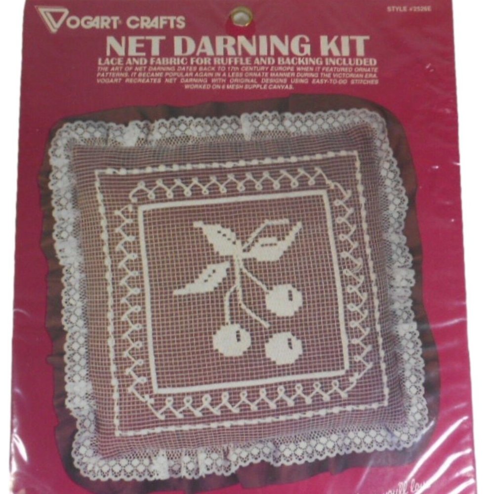 Vogart Crafts Net Darning Kit Cherry Cherries Pillow Kit 14" X 14" When Complete